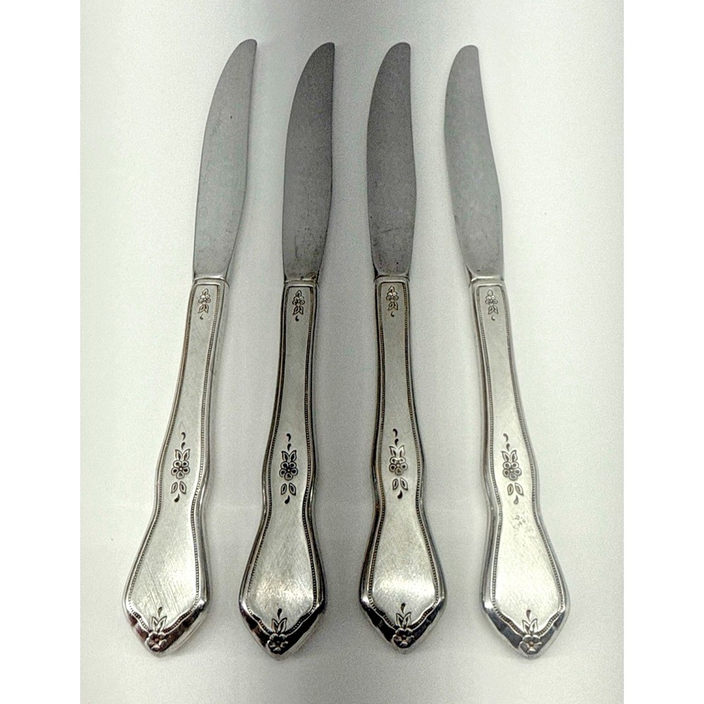 Vintage Oneida Profile Stainless Knives Set of 4 Floral Handle Flatware 8"